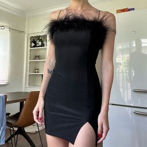 Feather trim mini dress